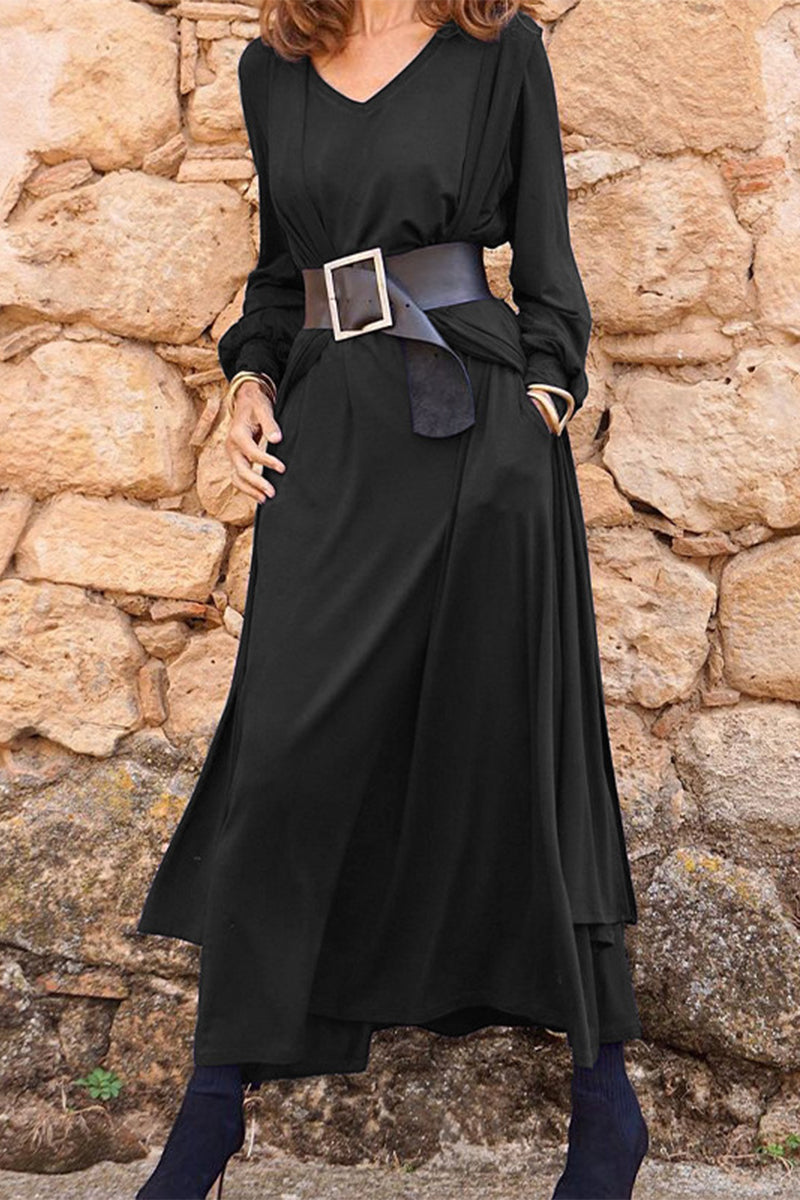 Casual Solid With Belt V Neck Long Sleeve Two Pieces