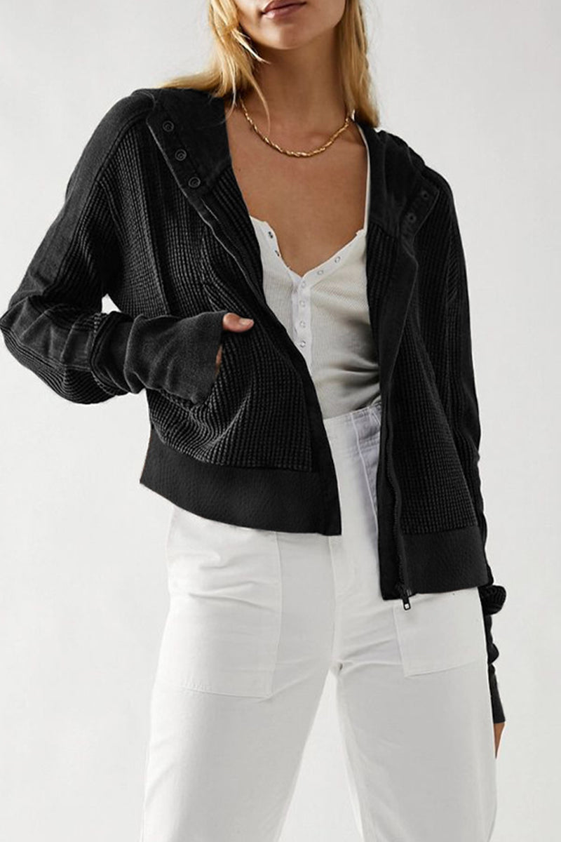 Casual Solid Zipper Hooded Collar Outerwear