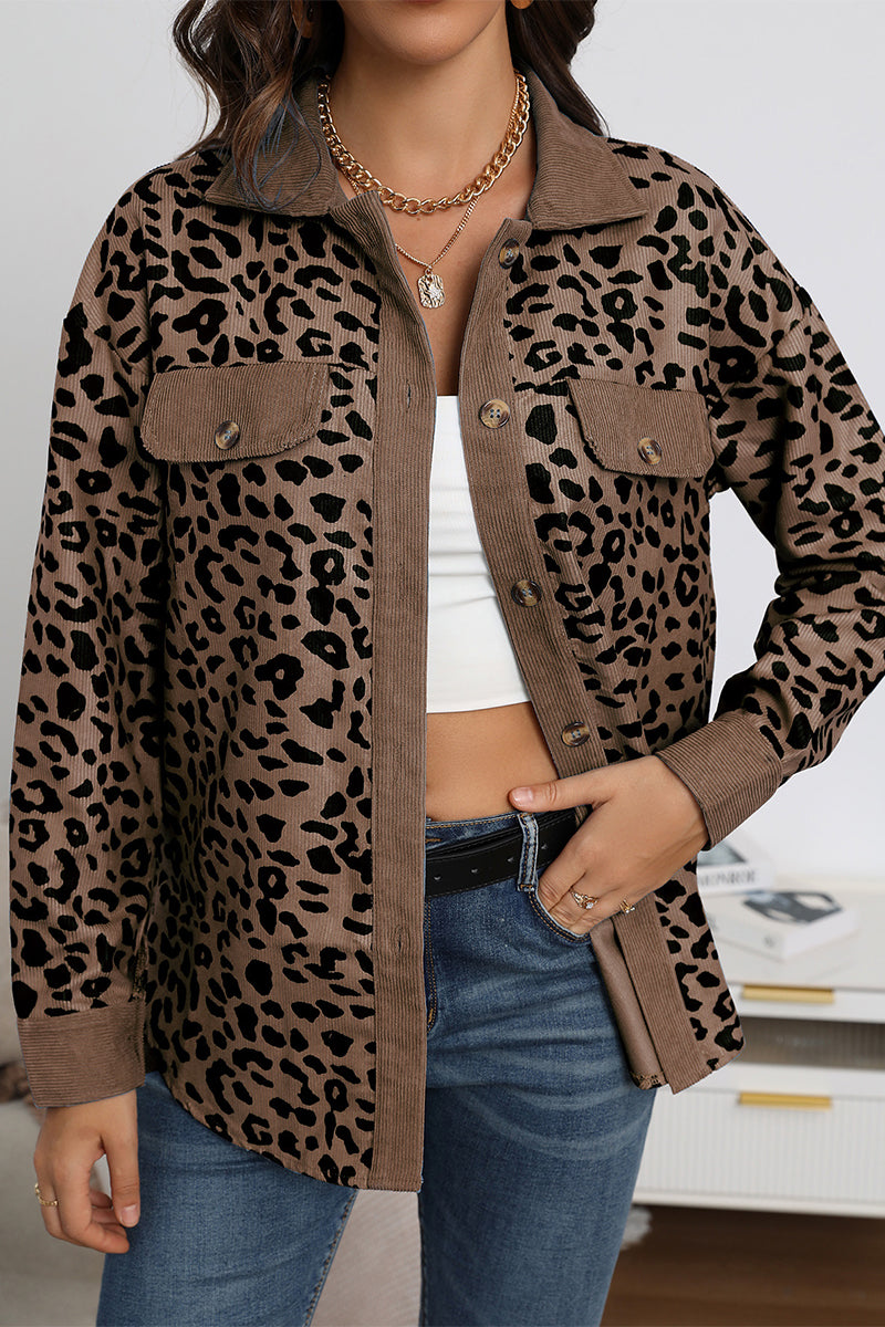 Casual Sweet Leopard Pocket Turndown Collar Tops