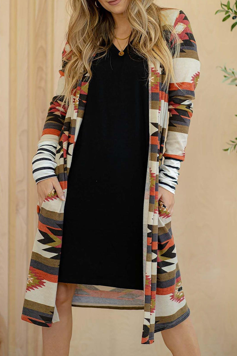 Street Geometric Print Contrast Cardigan Collar Outerwear