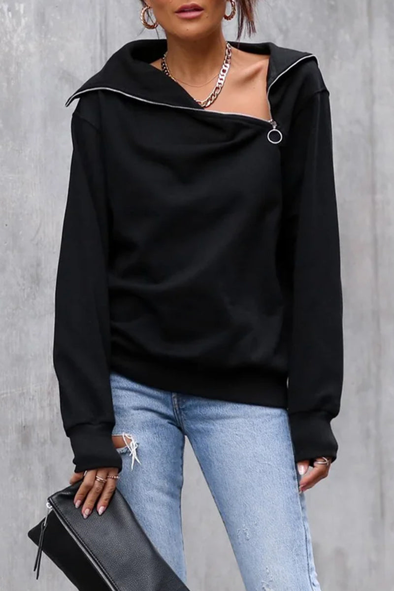 Street Solid Zipper Ammetrical Collar Tops