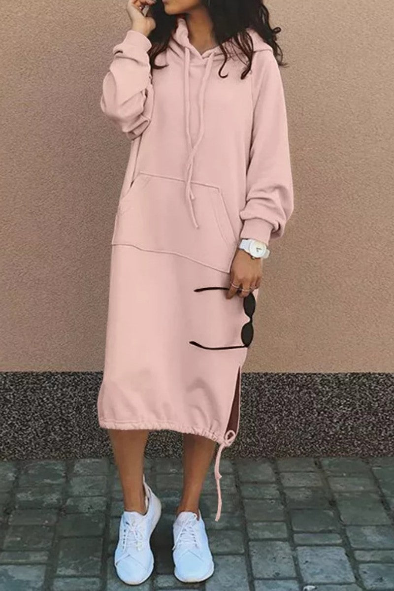 Casual Solid Patchwork Hooded Collar Long Sleeve Dresses(7 Colors)