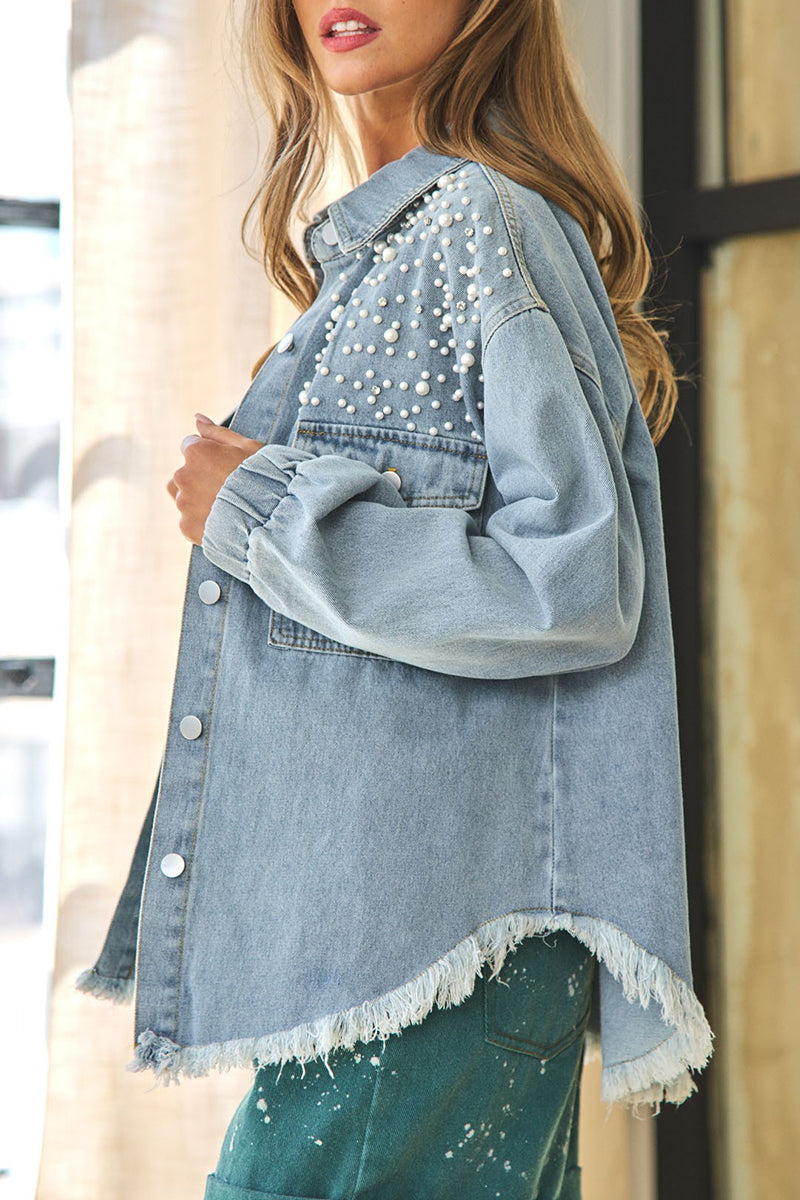 Street Patchwork Tassel Beading Turndown Collar Long Sleeve Loose Denim Jacket