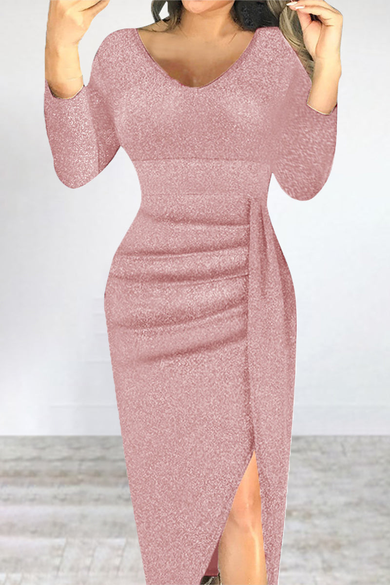 Elegant Solid Fold Sequined V Neck Irregular Dresses(5 Colors)
