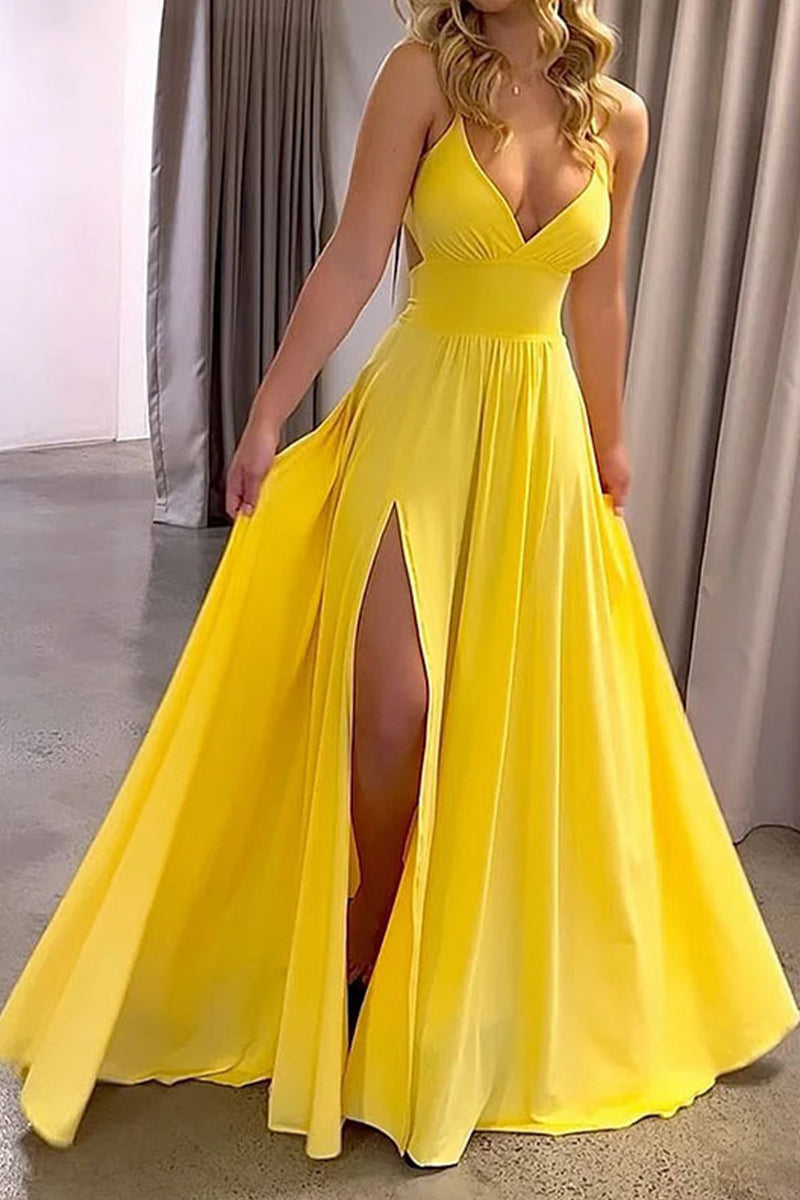 Solid Frenulum Slit V Neck Sling Dress Dresses