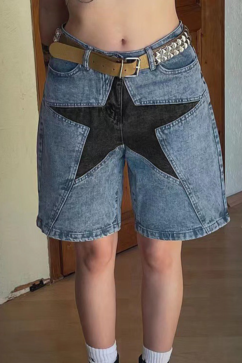 Street The stars Patch Mid Waist Denim Shorts(No Belt)