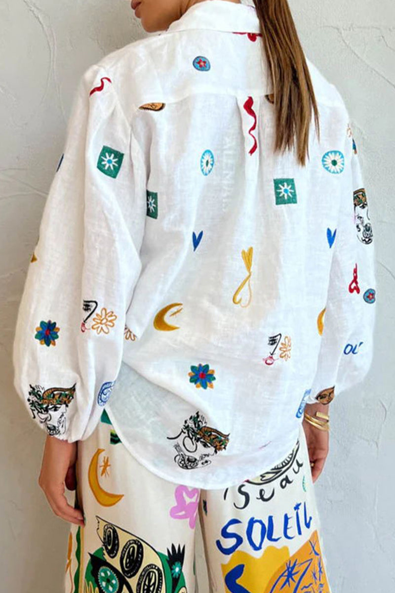 Casual Sweet Print Patchwork Shirt Collar Blouses