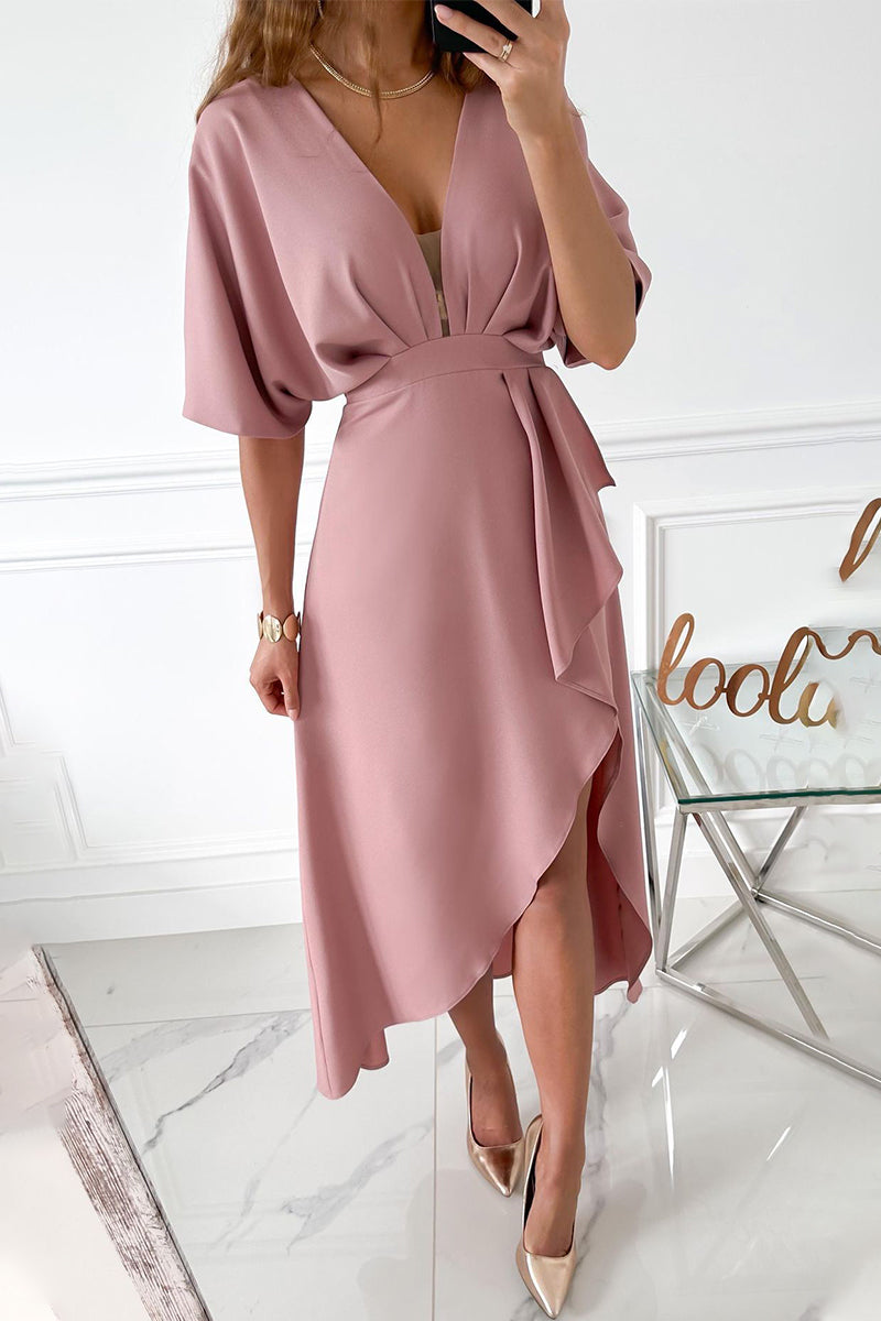 Elegant Solid Ammetrical V Neck Irregular Dress Dresses