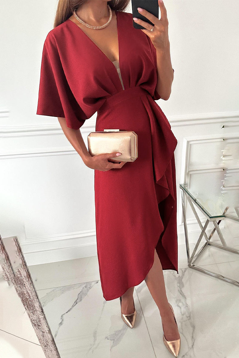 Elegant Solid Ammetrical V Neck Irregular Dress Dresses