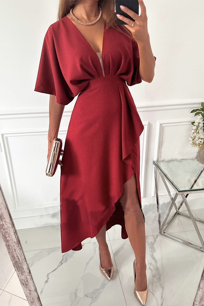 Elegant Solid Ammetrical V Neck Irregular Dress Dresses