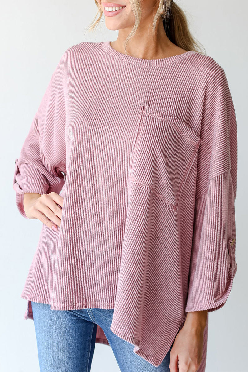 Casual Solid Pocket O Neck Tops