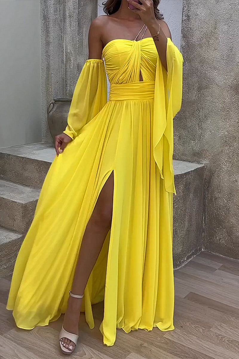 Elegant Solid Slit Ammetrical Off the Shoulder A Line Dresses