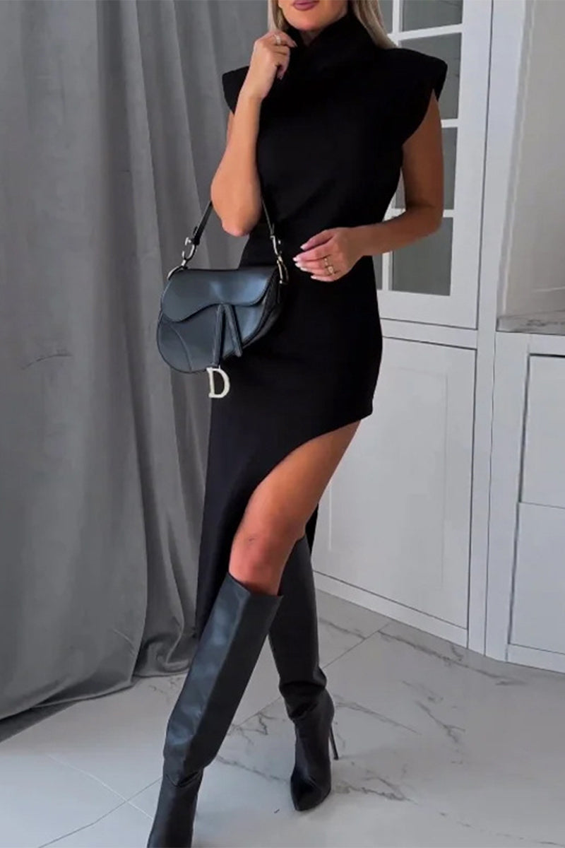 Sexy Casual Solid Ammetrical Turtleneck Irregular Dress Dresses