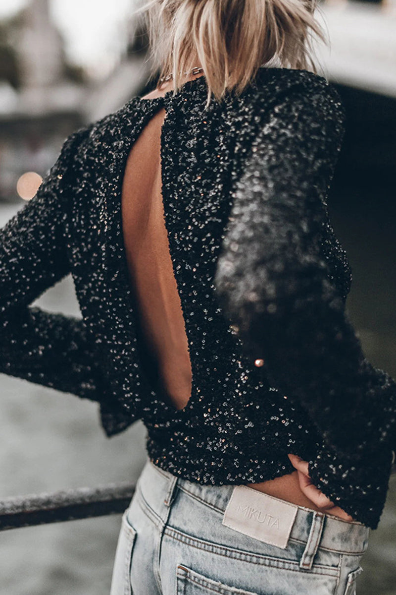 Casual Solid Sequins Sequined O Neck Tops