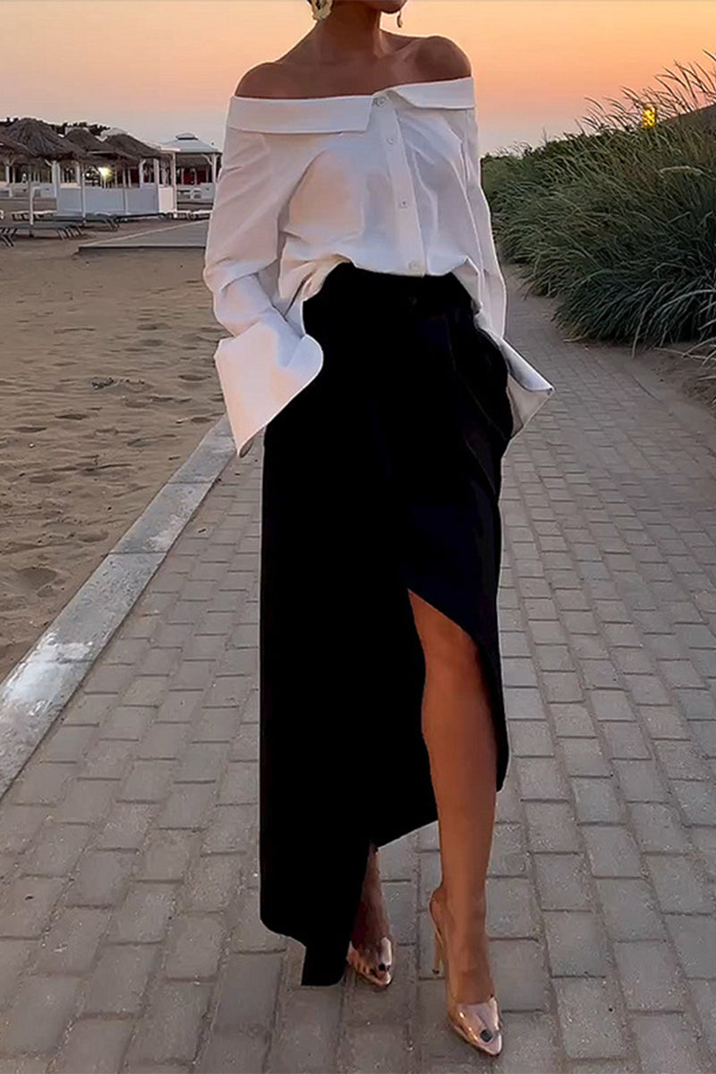 Elegant Solid Backless Slit Off the Shoulder Long Sleeve Two Pieces