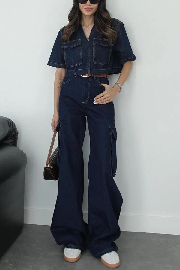 Free Breeze Denim High Rise Pocketed Wide Leg Cargo Jeans