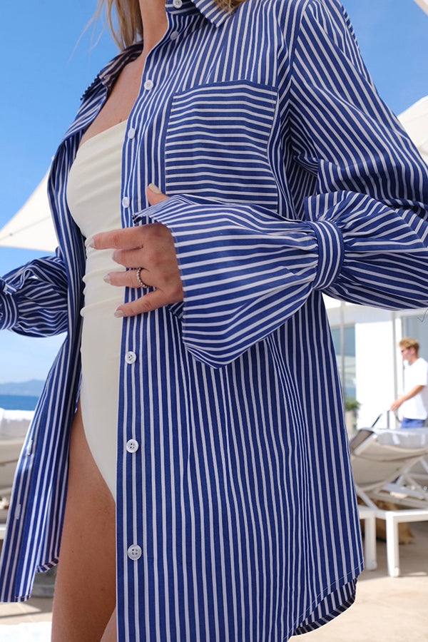 Striped Print Ruffled Long Sleeve Pockets Loose Shirt