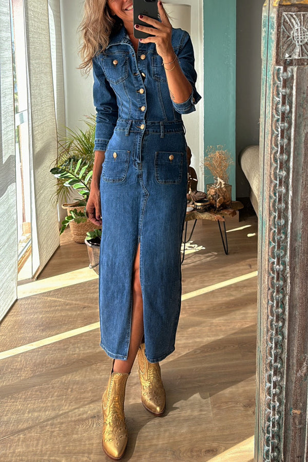 Tessy Denim Metal Button Zipper Shirt Stretch Pencil Slit Midi Dress