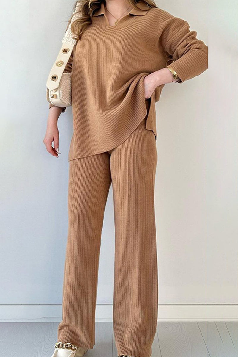 Casual Simplicity Solid Slit Turndown Collar Long Sleeve Two Pieces