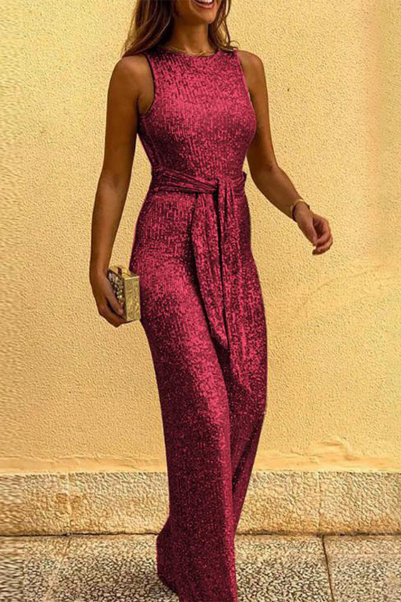 British Style Elegant Solid Sequins Backless O Neck Jumpsuits(6 Colors)