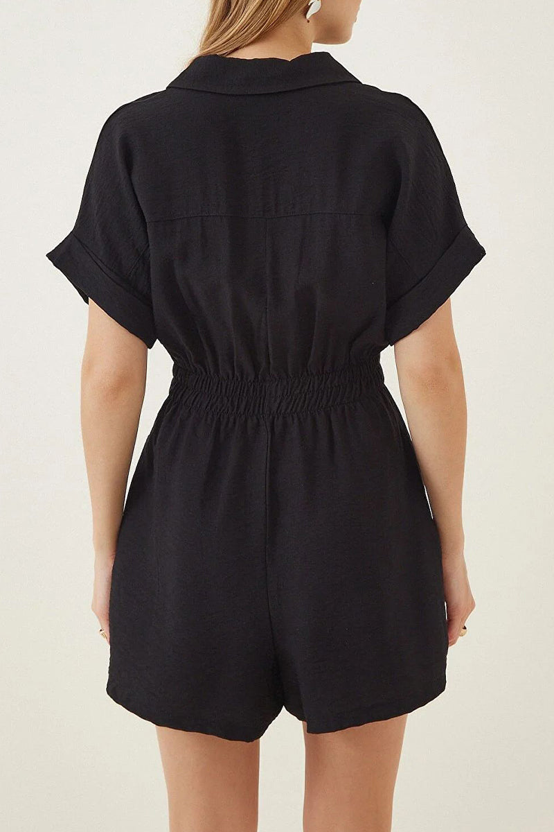 Daily Simplicity Solid Pocket Turndown Collar Loose Rompers