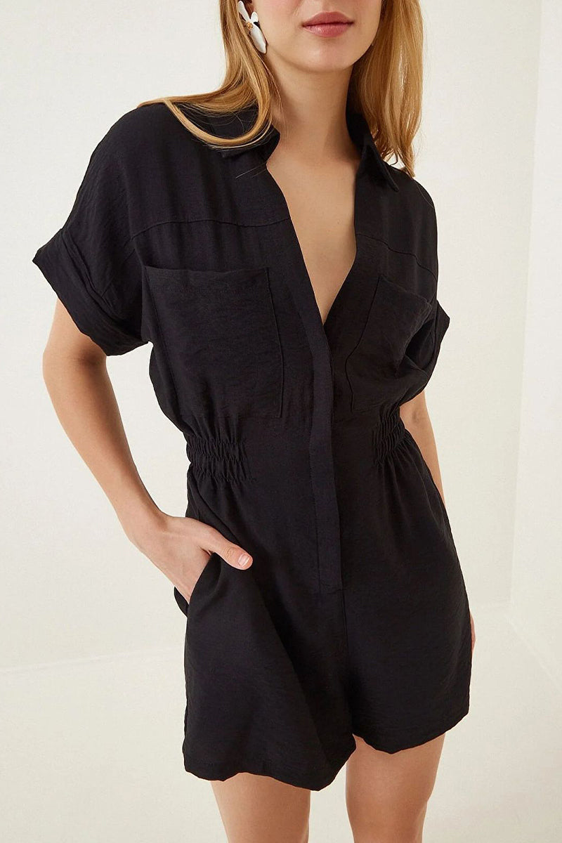 Daily Simplicity Solid Pocket Turndown Collar Loose Rompers