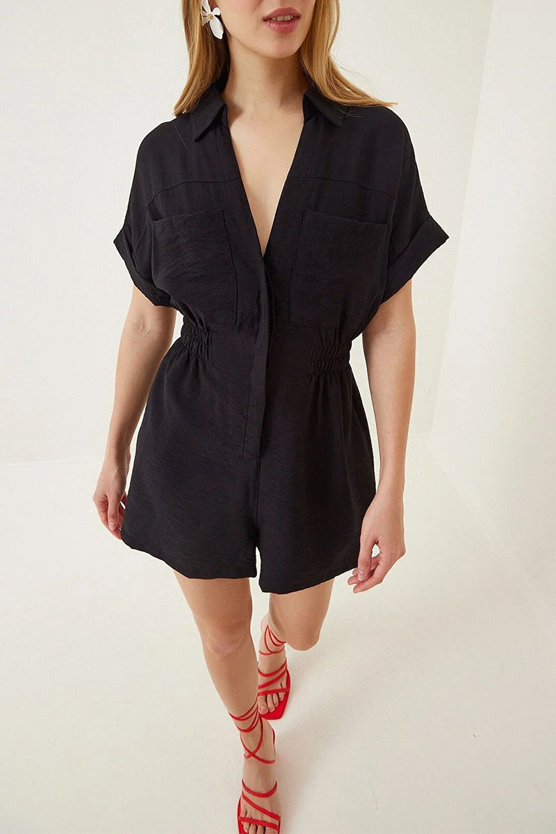 Daily Simplicity Solid Pocket Turndown Collar Loose Rompers