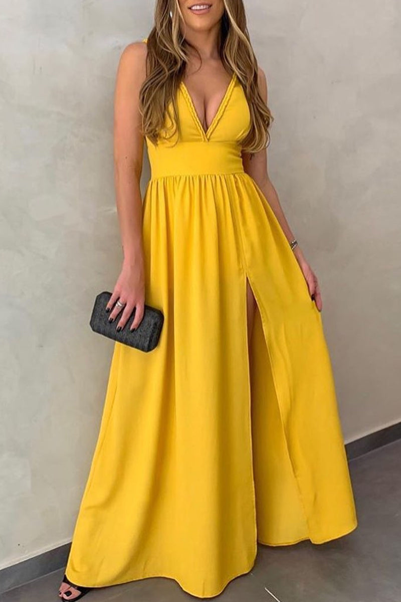 Sexy Solid Slit V Neck Sling Dress Dresses