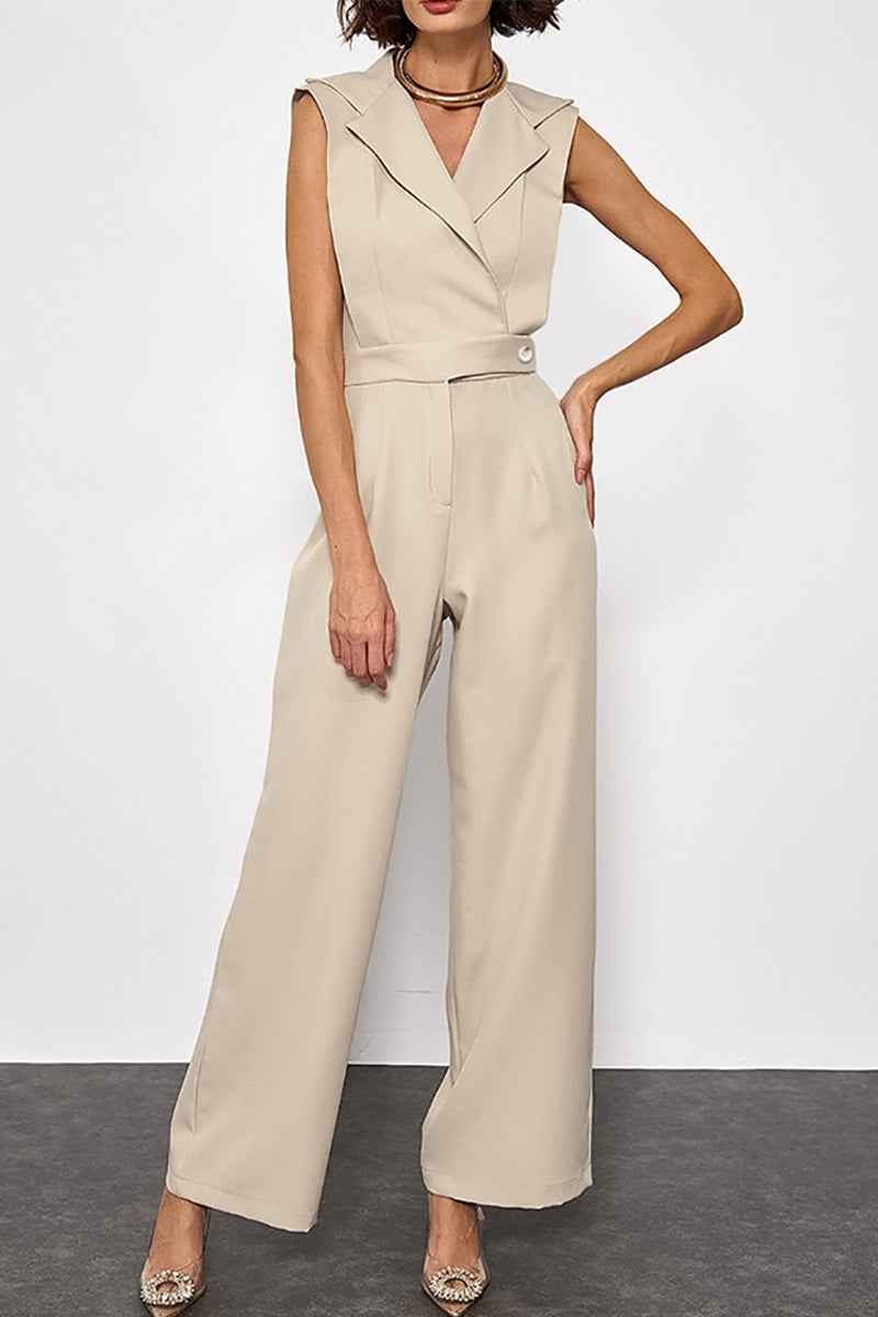 British Style Elegant Solid Patchwork Turn-back Collar Loose Jumpsuits