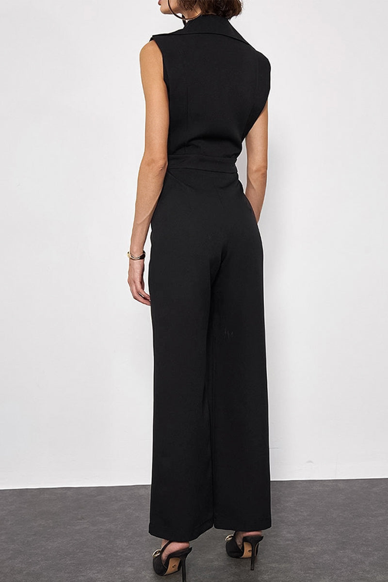 British Style Elegant Solid Patchwork Turn-back Collar Loose Jumpsuits