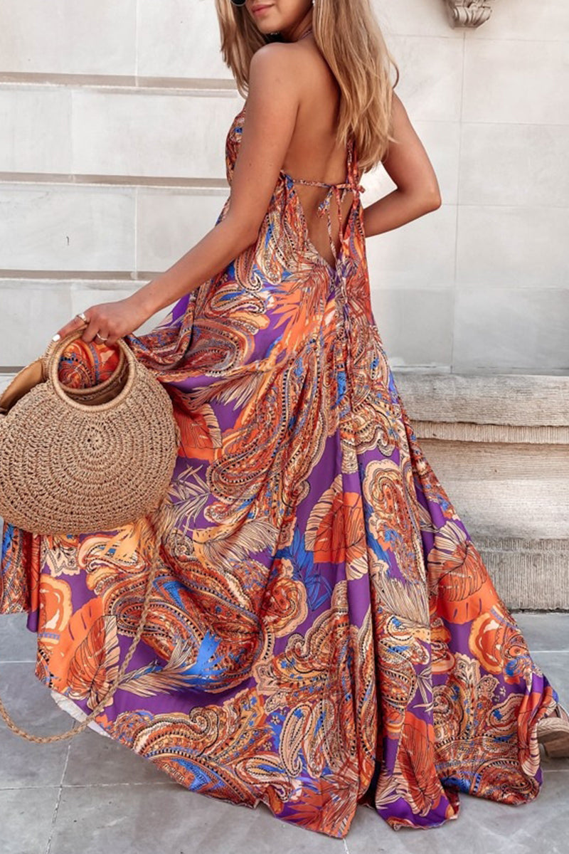 Sexy Bohemian Geometric Print Backless V Neck Sling Dress Dresses