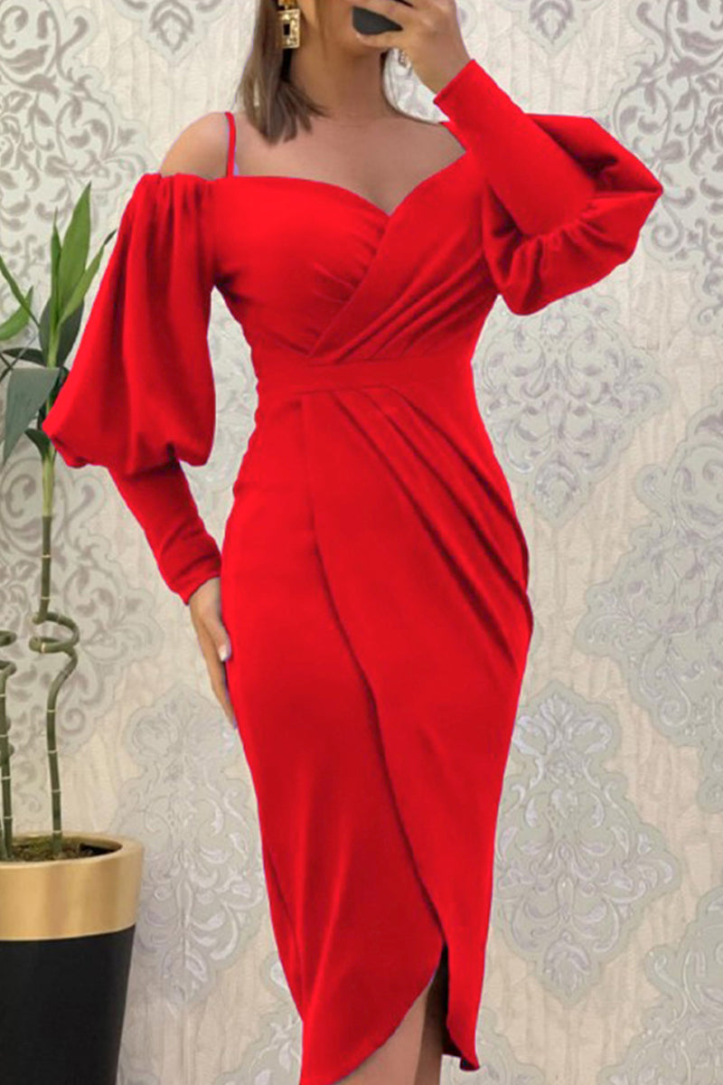 Sweet Elegant Solid Fold Off the Shoulder Irregular Dress Dresses