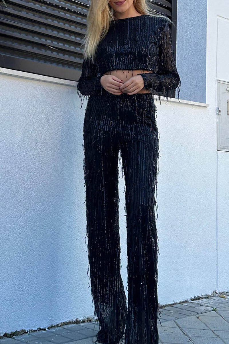 Sexy Solid Tassel Sequins Sequined O Neck Long Sleeve Two Pieces