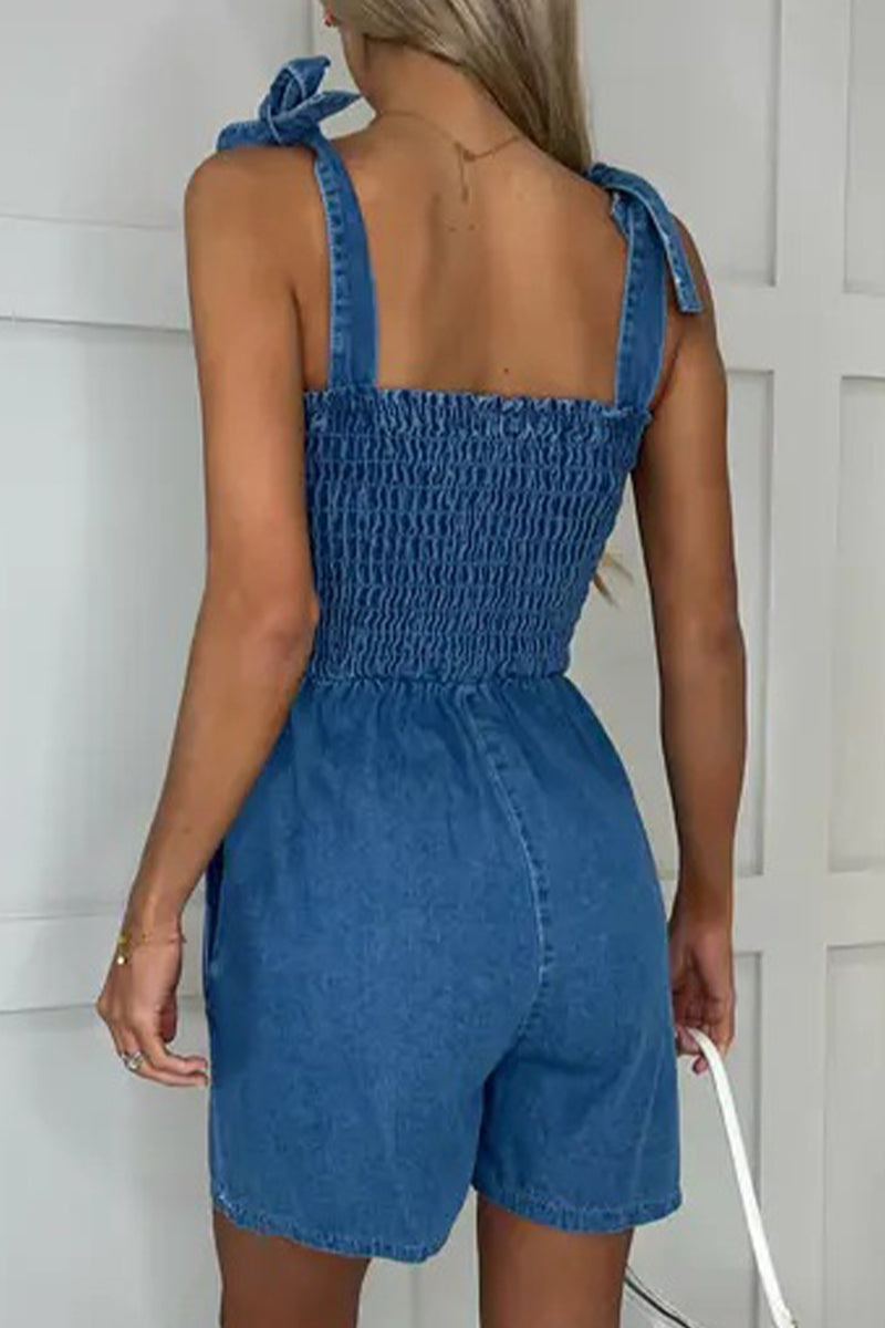 Casual Solid Pocket Square Collar Sleeveless Loose Denim Jumpsuits