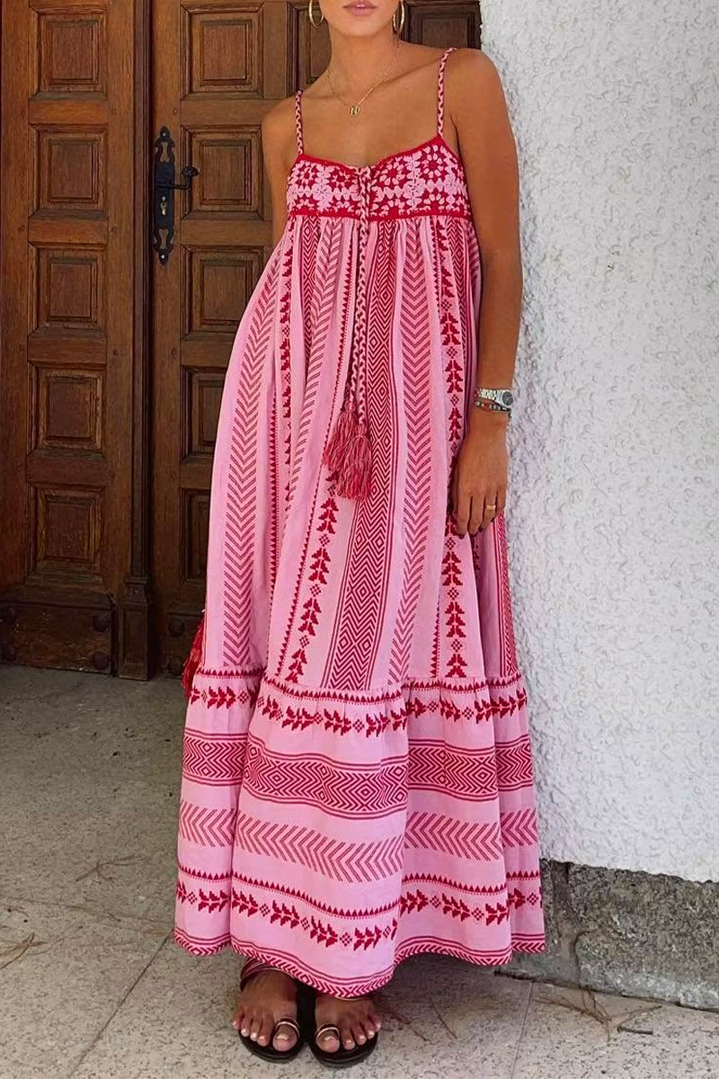 Sexy Vacation Geometric Print Tassel Without Belt Sling Dress Dresses