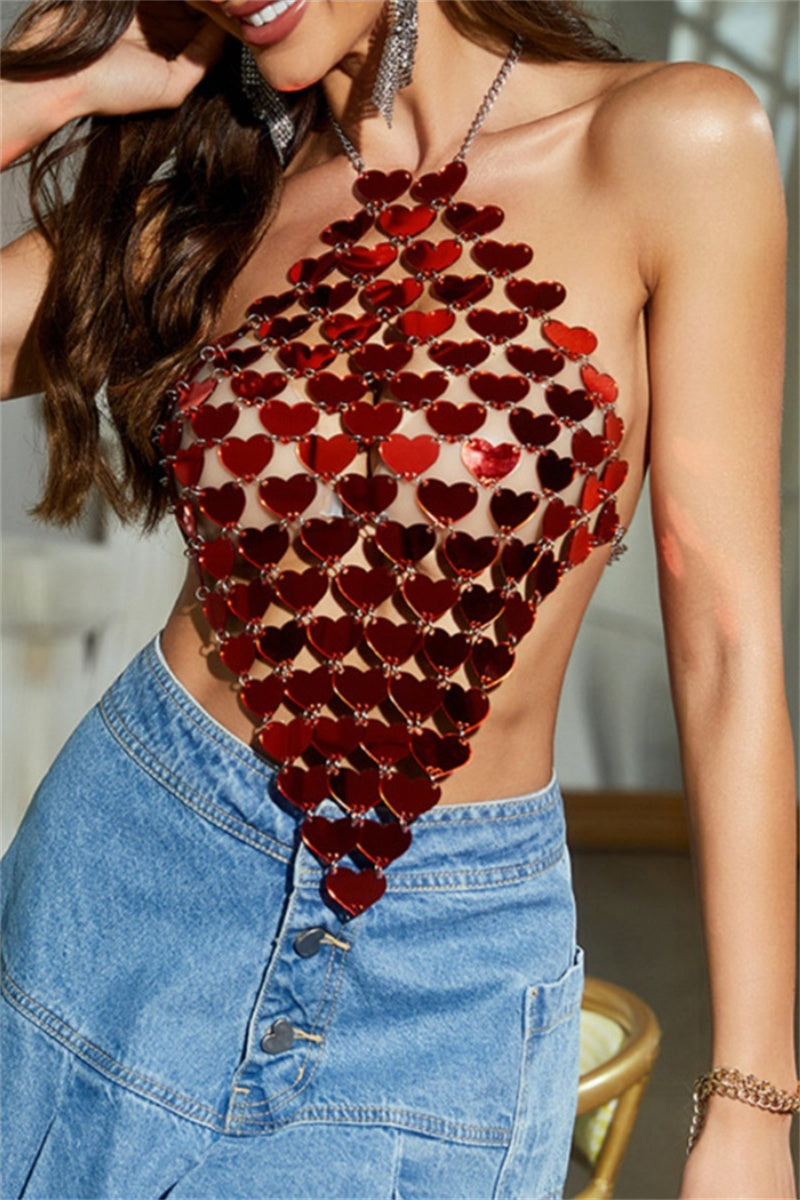 Sexy Heart Shaped Patchwork Chains Backless Halter Tops