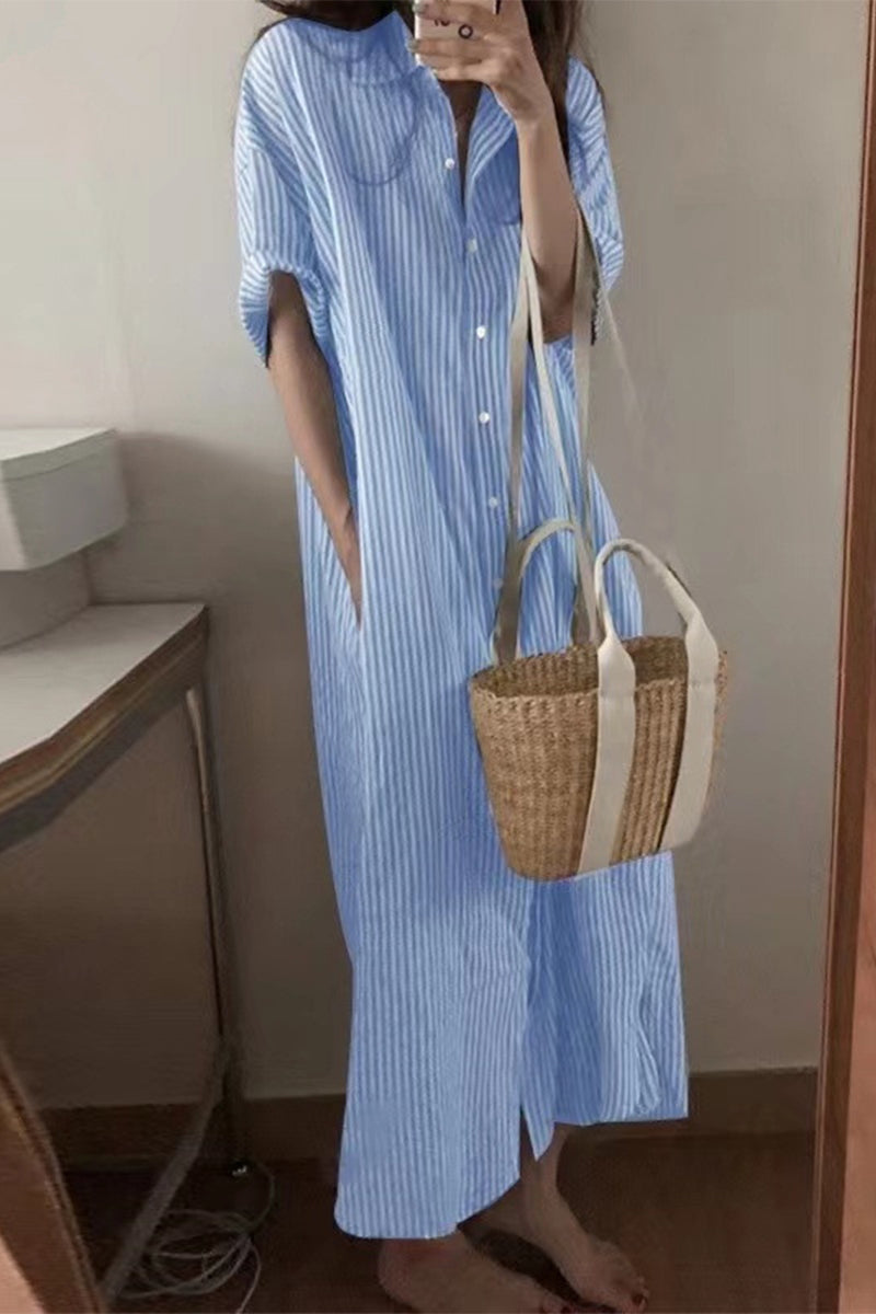 Casual Striped Pocket POLO collar Shirt Dress Dresses