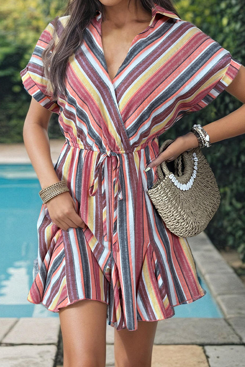 Casual Striped Print Frenulum V Neck Printed Dress Dresses