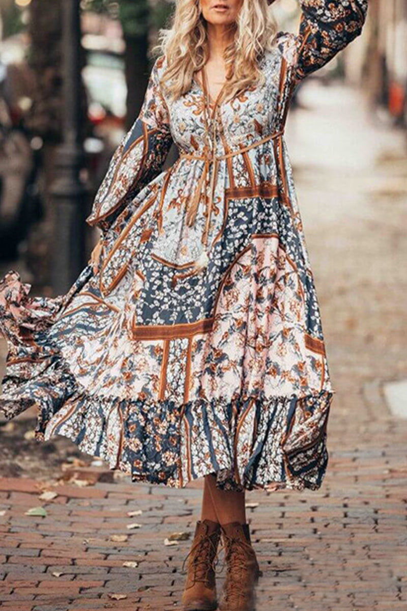 Bohemian Vintage Floral Frenulum V Neck Printed Dress Dresses