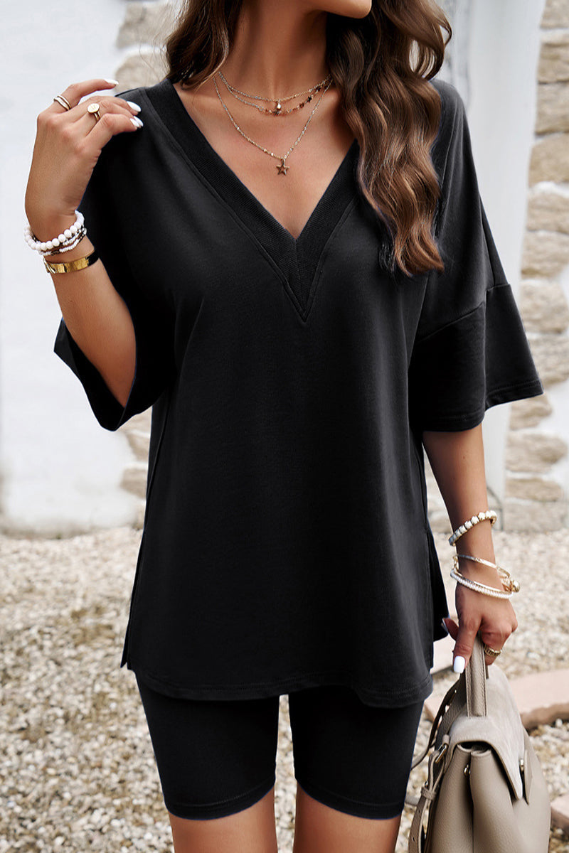 Casual Solid V Neck Half Sleeve Two Pieces