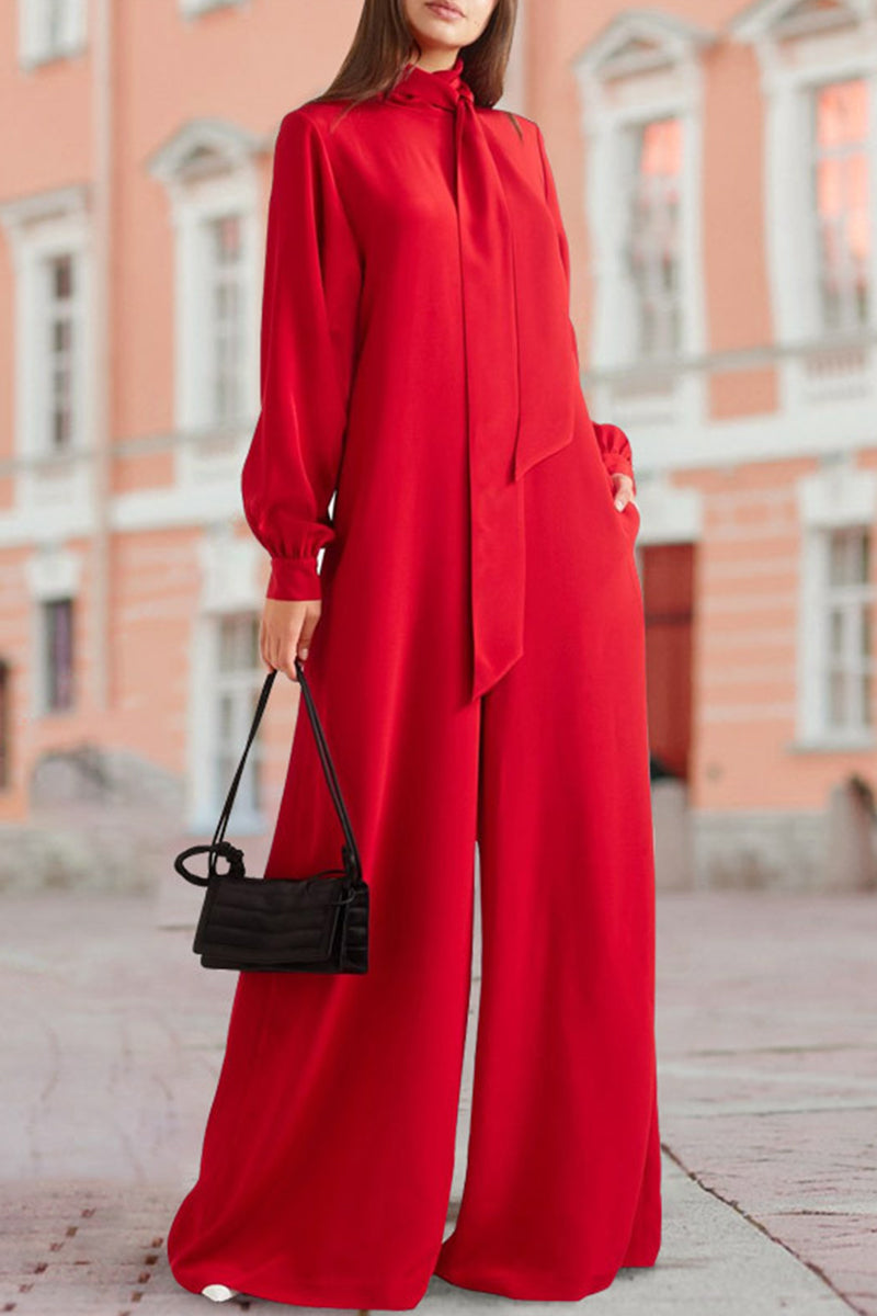 Elegant Solid Pocket Frenulum Turtleneck Loose Jumpsuits