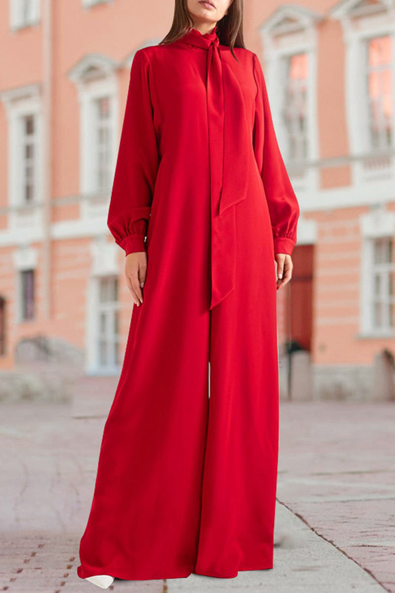 Elegant Solid Pocket Frenulum Turtleneck Loose Jumpsuits