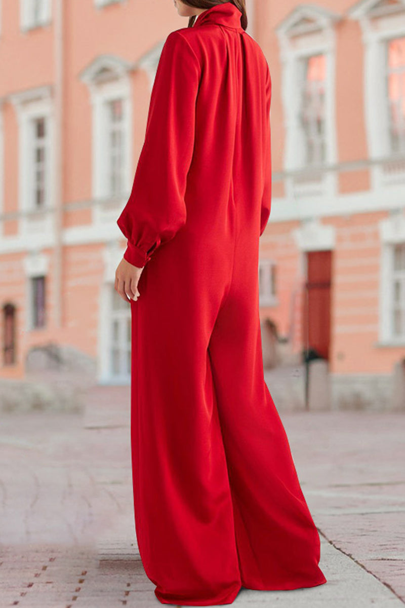 Elegant Solid Pocket Frenulum Turtleneck Loose Jumpsuits