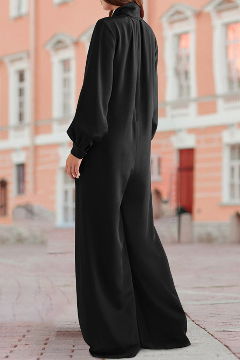 Elegant Solid Pocket Frenulum Turtleneck Loose Jumpsuits