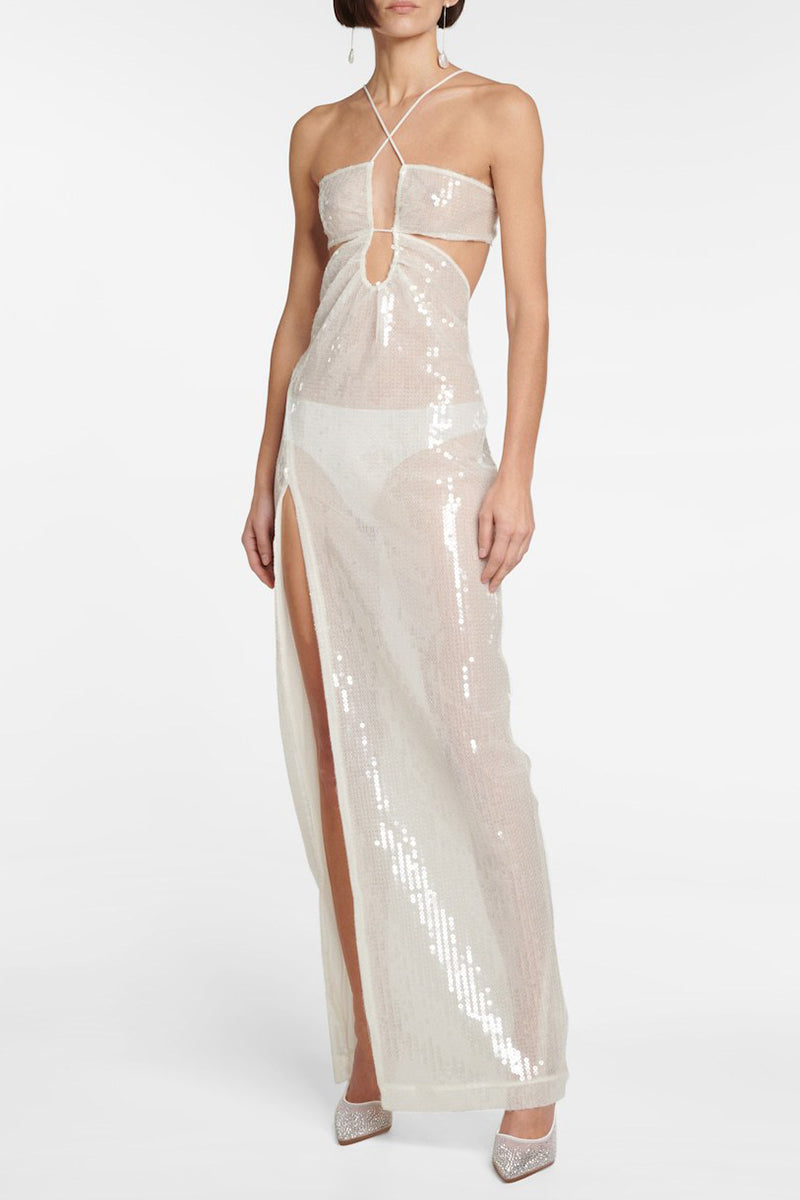 Sexy Solid Sequins See-through Backless Slit Halter Sling Dress Dresses