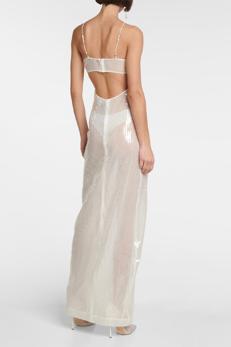 Sexy Solid Sequins See-through Backless Slit Halter Sling Dress Dresses