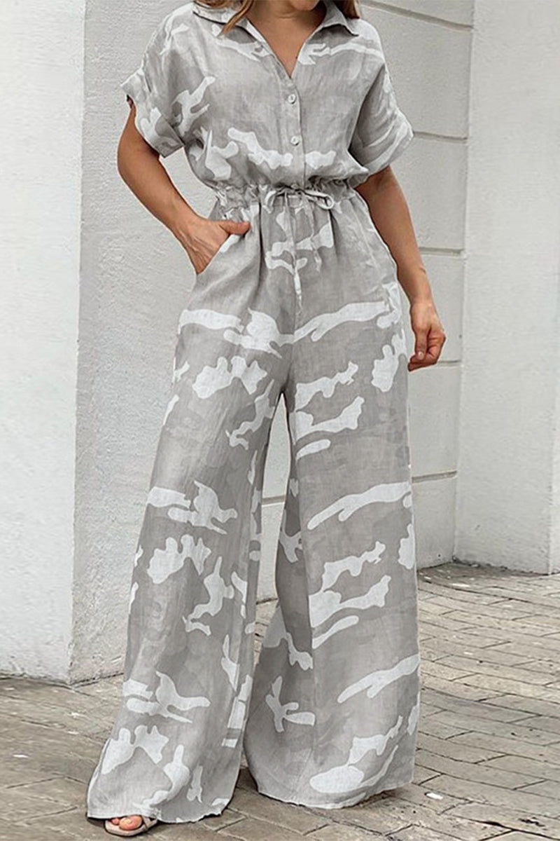 Casual Street Geometric Print Pocket Frenulum Buttons Turndown Collar Loose Jumpsuits