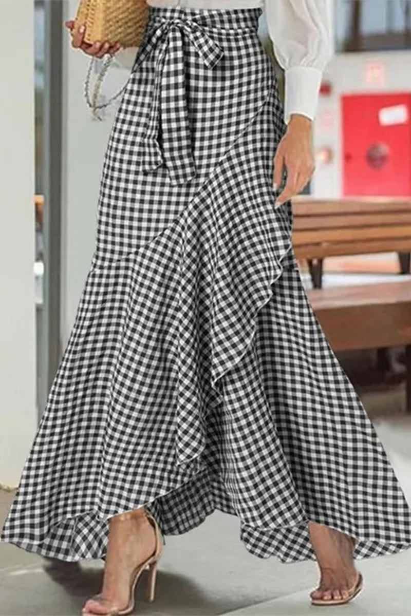 Sweet Elegant Plaid Flounce High Waist Type A Full Print Bottoms