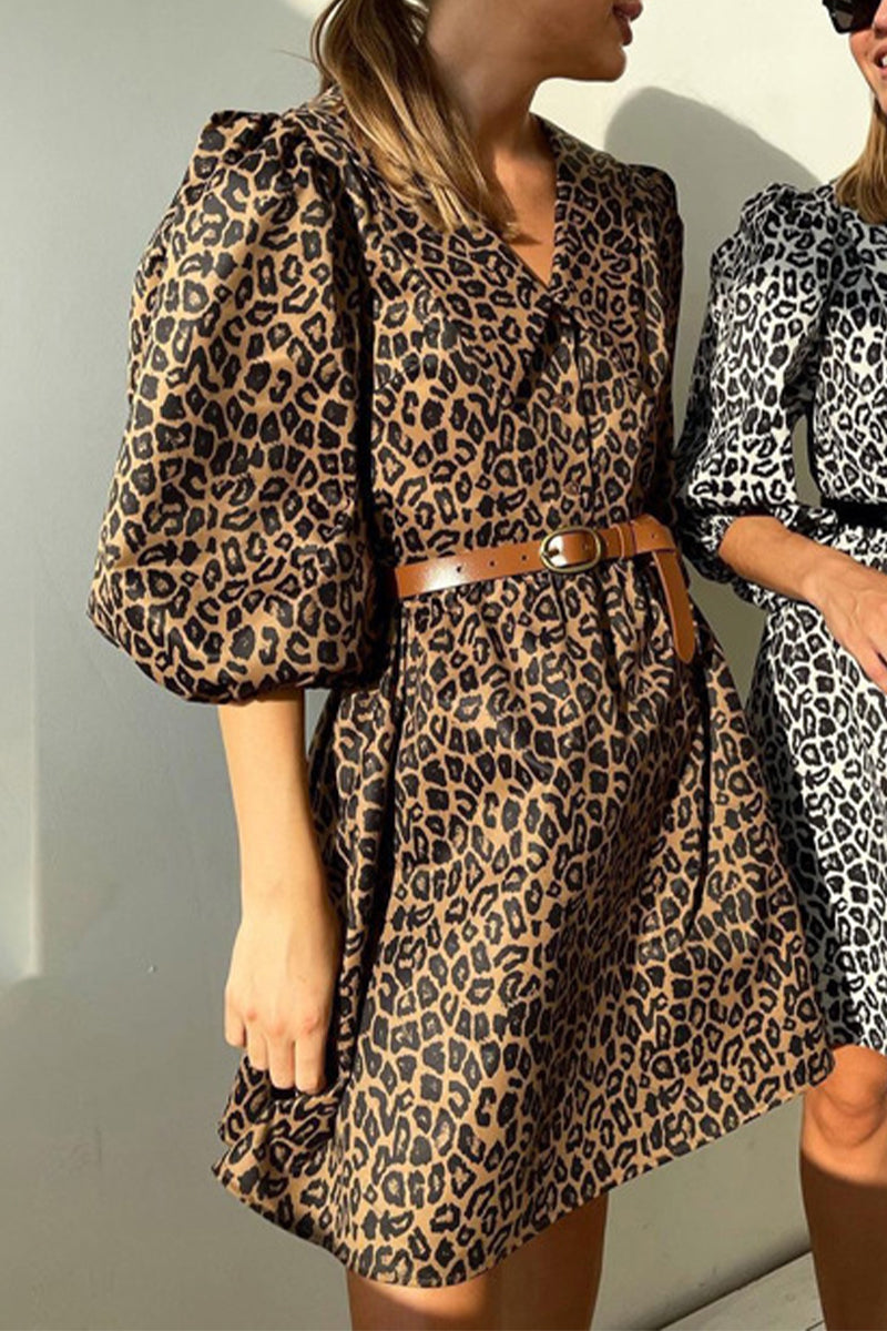 Casual Vintage Print Leopard With Belt Without Belt Turndown Collar Printed Dress Dresses