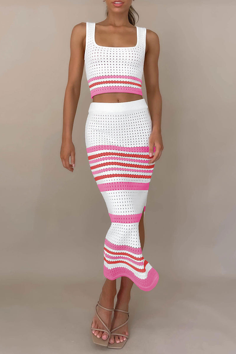 Sexy Striped Hollowed Out Weave Square Collar Sleeveless Two Pieces